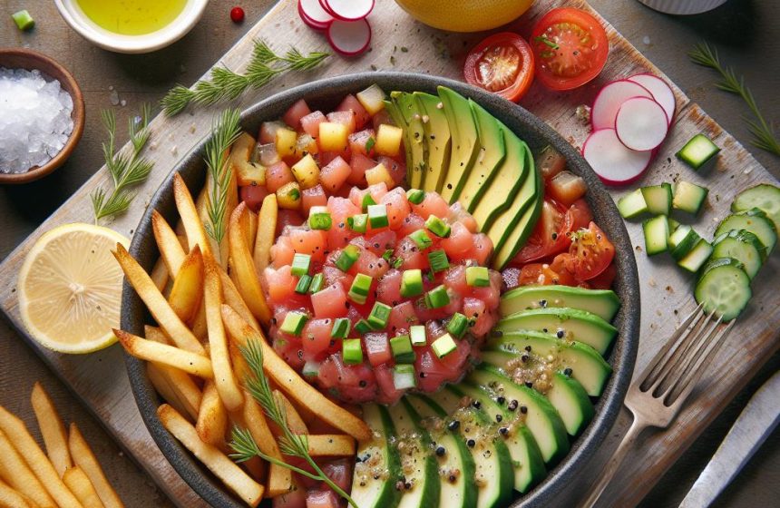Tartare de Saumon aux Légumes Croquants et Frites Maison