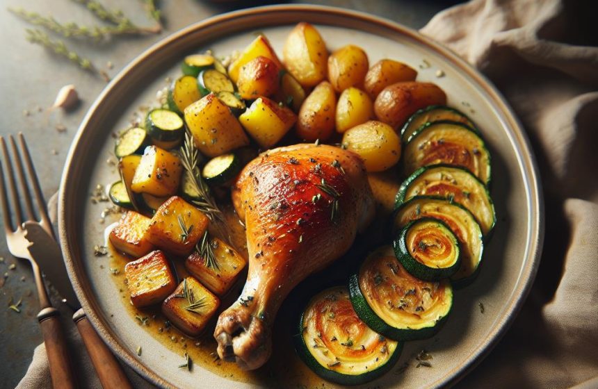 Poulet Rôti avec Pommes de Terre Sautées et Courgettes à la Crème