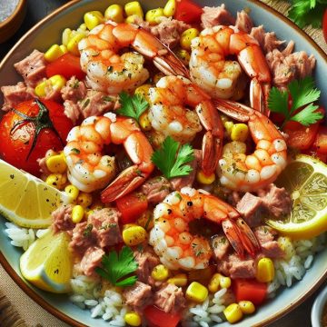 Gambas Savoureuses sur Lit de Riz au Thon, Tomates et Maïs