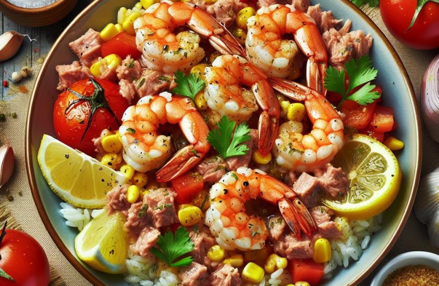 Gambas Savoureuses sur Lit de Riz au Thon, Tomates et Maïs