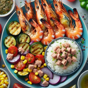 Délice de Gambas et Riz au Thon avec Tian de Légumes