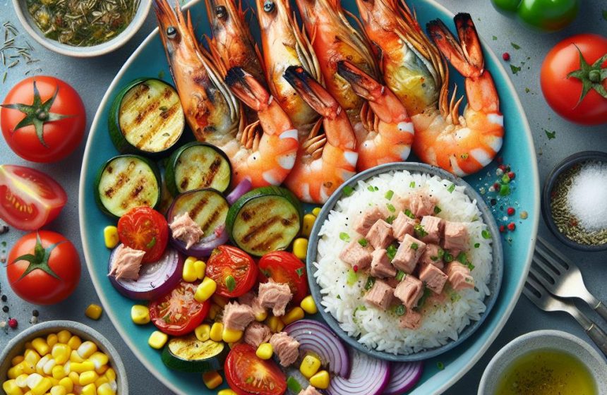 Délice de Gambas et Riz au Thon avec Tian de Légumes