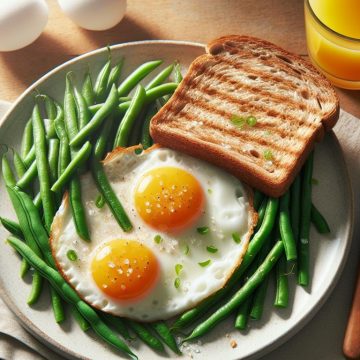 Œufs ensoleillés et haricots verts croquants sur lit de pain complet