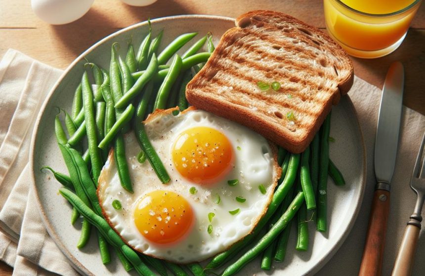 Œufs ensoleillés et haricots verts croquants sur lit de pain complet
