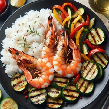 Crevettes Grillées avec Riz Blanc et Légumes Sautés