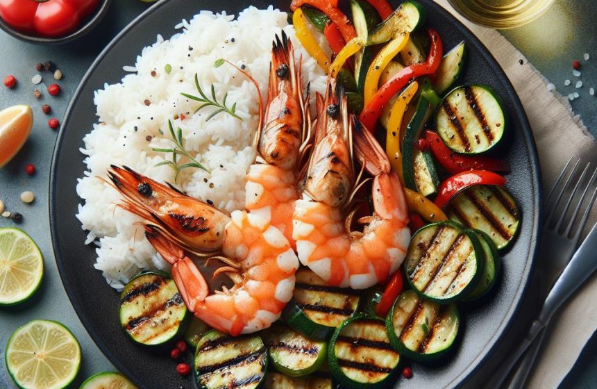 Crevettes Grillées avec Riz Blanc et Légumes Sautés