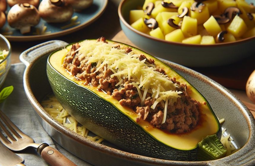 Courgette Farcie Gourmande avec Salade de Pommes de Terre et Champignons Sautés