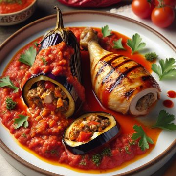 Aubergine Farcie à la Sauce Tomate et Cuisse de Poulet Grillée