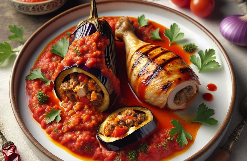 Aubergine Farcie à la Sauce Tomate et Cuisse de Poulet Grillée