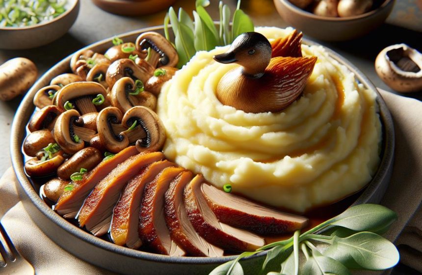 Canard Délicieux sur Lit de Purée et Champignons Sautés