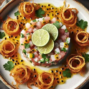 Tartare de Poisson aux Oignons Frits et Sauce aux Fruits de la Passion