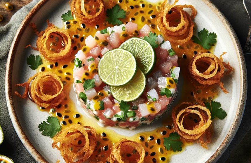 Tartare de Poisson aux Oignons Frits et Sauce aux Fruits de la Passion