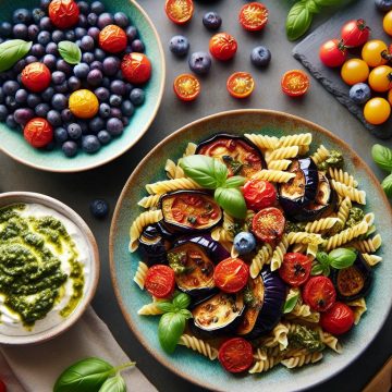 Aubergines et Tomates Rôties avec Pâtes au Pesto et Skyr aux Myrtilles