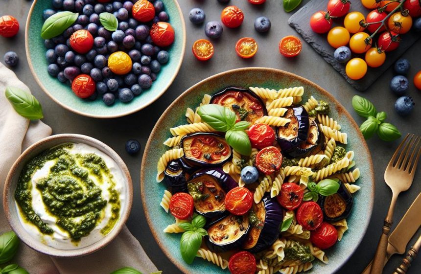 Aubergines et Tomates Rôties avec Pâtes au Pesto et Skyr aux Myrtilles