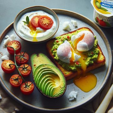 Toast de Pain de Maïs à l’Avocat avec Œufs Pochés et Tomates, accompagné de Yaourt Coco Mango