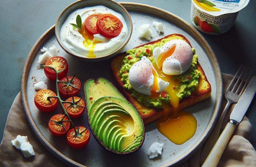 Toast de Pain de Maïs à l&rsquo;Avocat avec Œufs Pochés et Tomates, accompagné de Yaourt Coco Mango