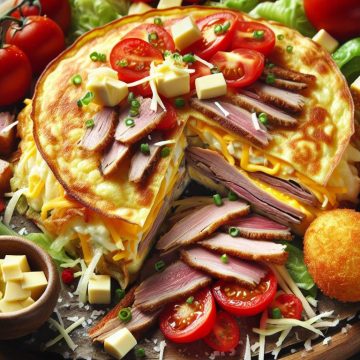 Tortilla Gourmande au Canard et Fromage avec Croquettes de Pommes de Terre et Salade de Tomates