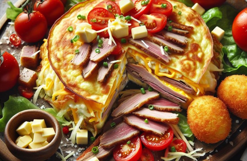 Tortilla Gourmande au Canard et Fromage avec Croquettes de Pommes de Terre et Salade de Tomates