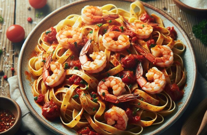 Tagliatelle all&rsquo;arrabbiata aux crevettes