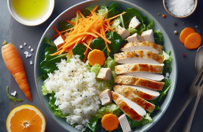 Salade de Mâche au Poulet, Riz Blanc et Carottes Râpées