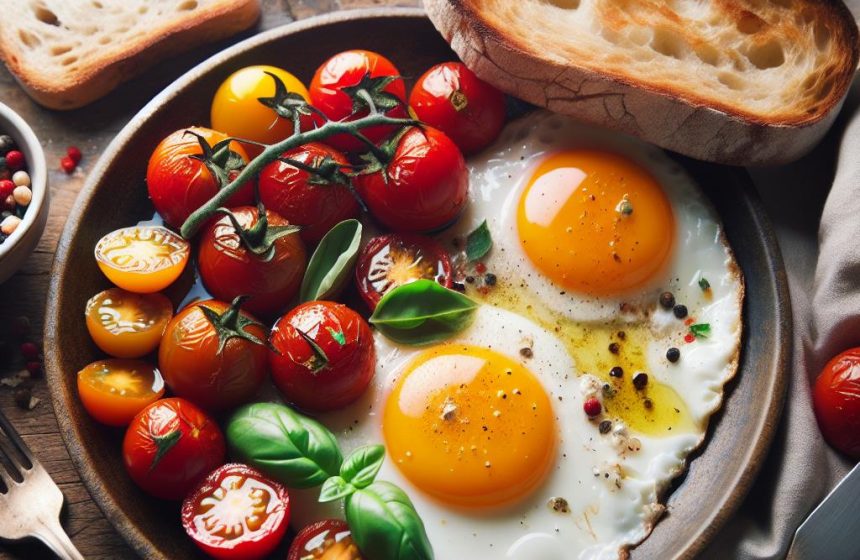 Œufs au Plat Gourmands avec Salade de Tomates Fraîches et Pain Rustique