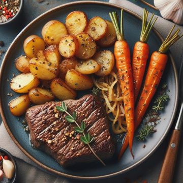 Délice de Steak Haché aux Pommes de Terre Sautées et Carottes Rôties