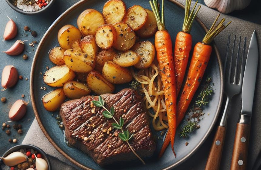 Délice de Steak Haché aux Pommes de Terre Sautées et Carottes Rôties