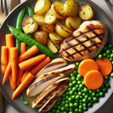 Blanc de Poulet Grillé avec Pommes de Terre Rissolées, Carottes et Petits Pois