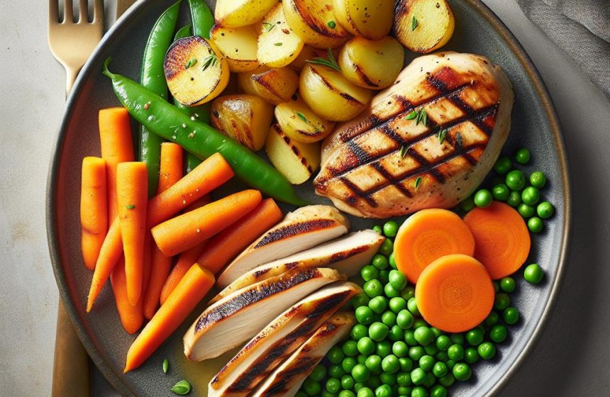 Blanc de Poulet Grillé avec Pommes de Terre Rissolées, Carottes et Petits Pois