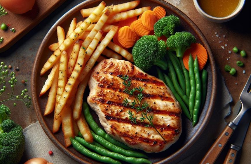 Escalope de Poulet Grillée avec Légumes Variés et Frites Maison