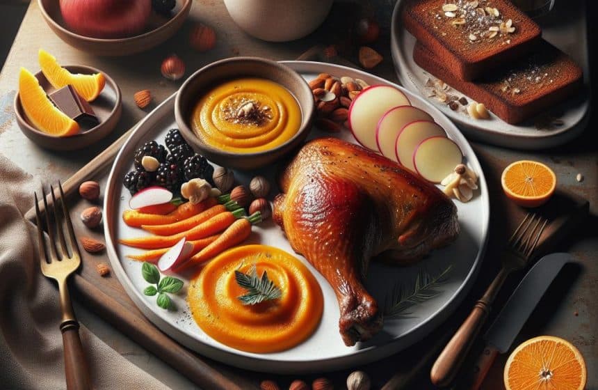 Cuisse de Poulet Rôti avec Purée de Carotte et Potimarron