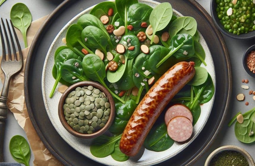 Saucisse de Montbéliard aux Lentilles Vertes et Salade de Jeunes Pousses