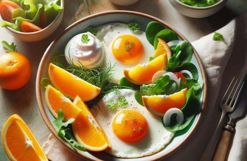Délice d&rsquo;Oeufs au Plat avec Salade Verte et Orange