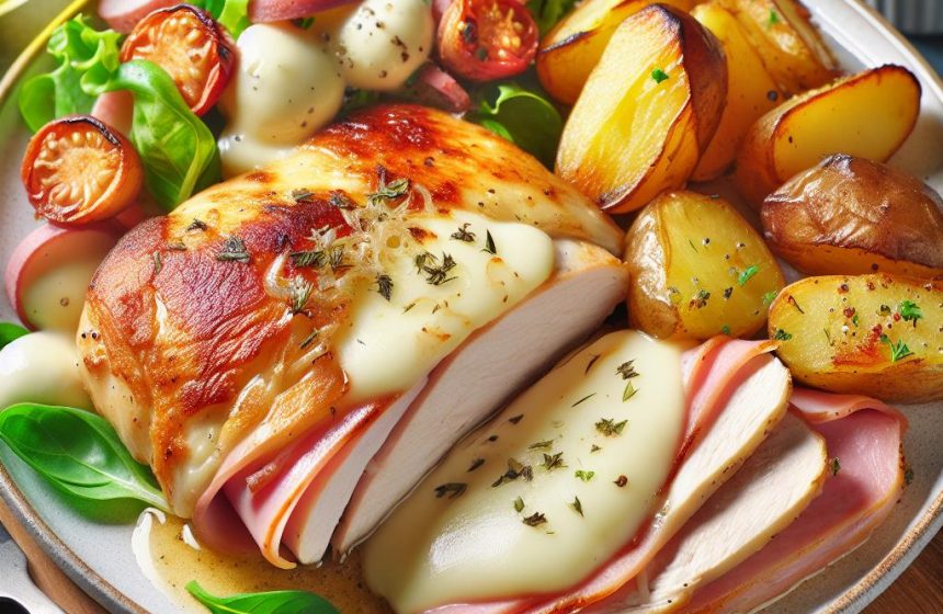 Cordon Bleu Maison avec Jambon et Mozzarella, Pommes de Terre Rôties et Salade
