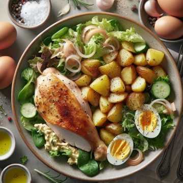Poulet Rôti et Pommes de Terre Sautées avec Salade Verte