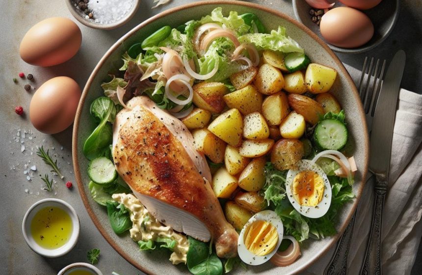 Poulet Rôti et Pommes de Terre Sautées avec Salade Verte