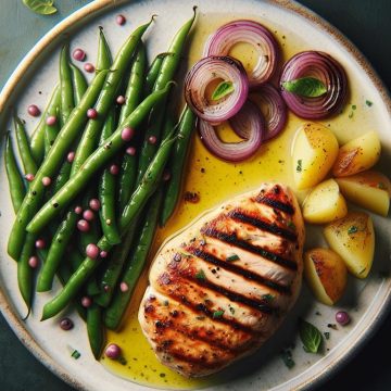 Poulet Grillé avec Haricots Verts, Pommes de Terre et Oignons Rouges
