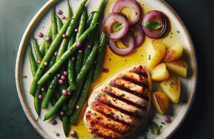 Poulet Grillé avec Haricots Verts, Pommes de Terre et Oignons Rouges