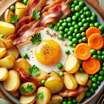 Pommes de Terre Sautées aux Lardons et Œufs, Accompagnées de Petits Pois et Carottes