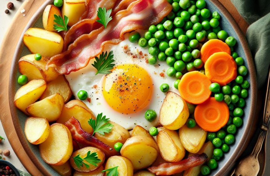 Pommes de Terre Sautées aux Lardons et Œufs, Accompagnées de Petits Pois et Carottes