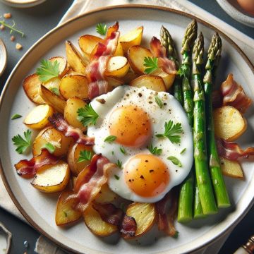 Délice de Pommes de Terre Sautées aux Œufs et Lardons, Asperges Blanches et Vinaigrette Légère