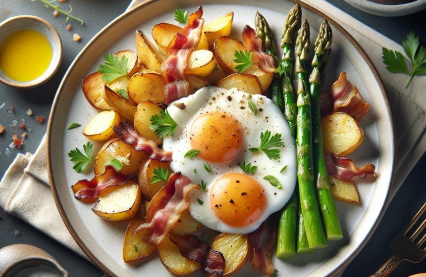Délice de Pommes de Terre Sautées aux Œufs et Lardons, Asperges Blanches et Vinaigrette Légère