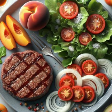 Steak Haché à l’Oignon avec Salade de Tomate et Fruits Frais