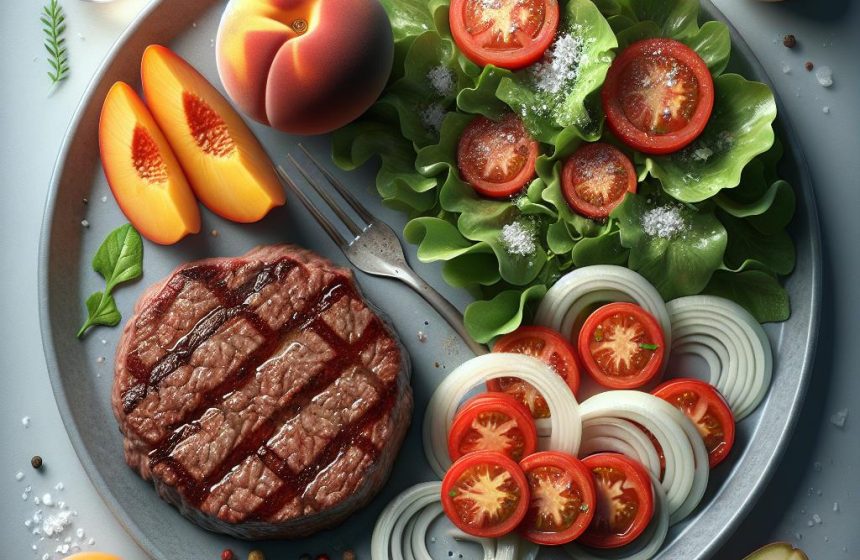 Steak Haché à l’Oignon avec Salade de Tomate et Fruits Frais