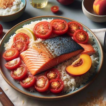 Saumon à la Tomate sur Lit de Riz et Skyr aux Nectarines