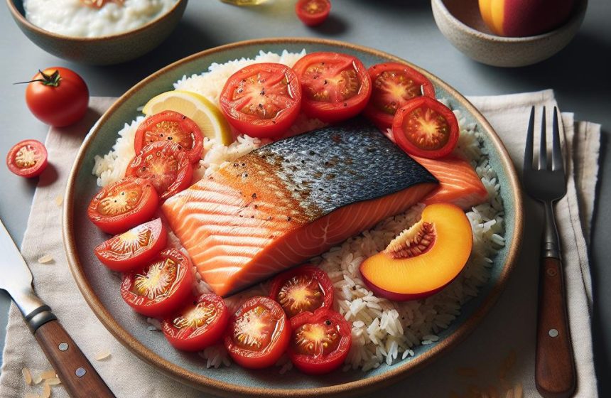 Saumon à la Tomate sur Lit de Riz et Skyr aux Nectarines