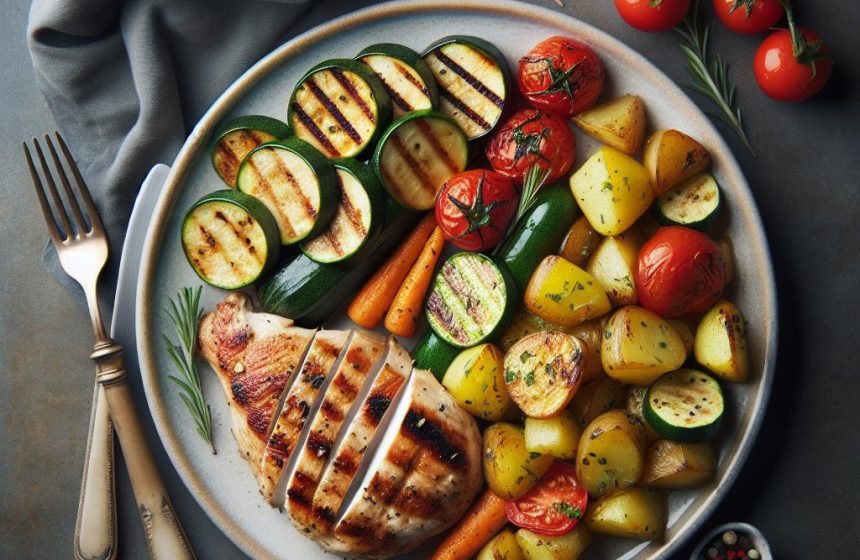 Poulet Grillé avec Pommes de Terre Rôties et Ratatouille