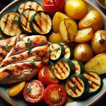 Poulet Grillé aux Pommes de Terre Rôties et Légumes Méditerranéens