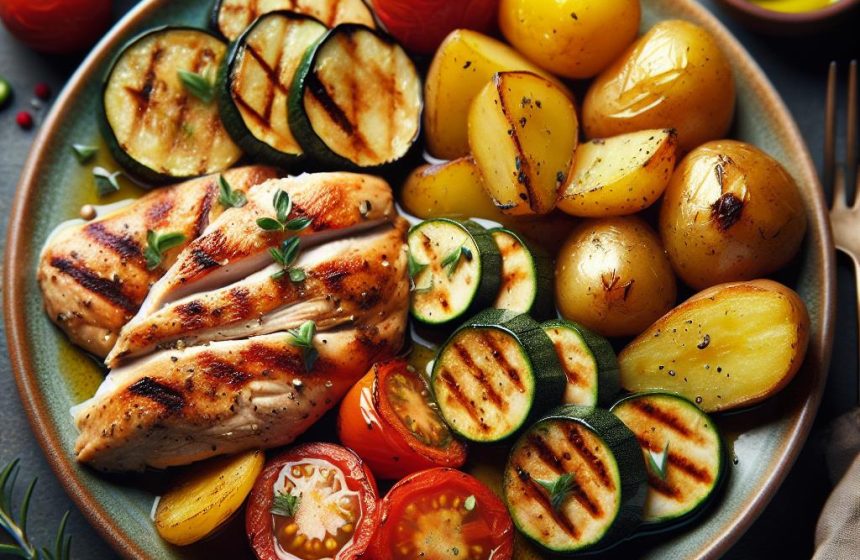 Poulet Grillé aux Pommes de Terre Rôties et Légumes Méditerranéens