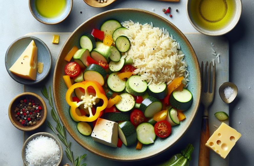 Poêlée de Courgettes et Poivrons au Riz Nature et Comté